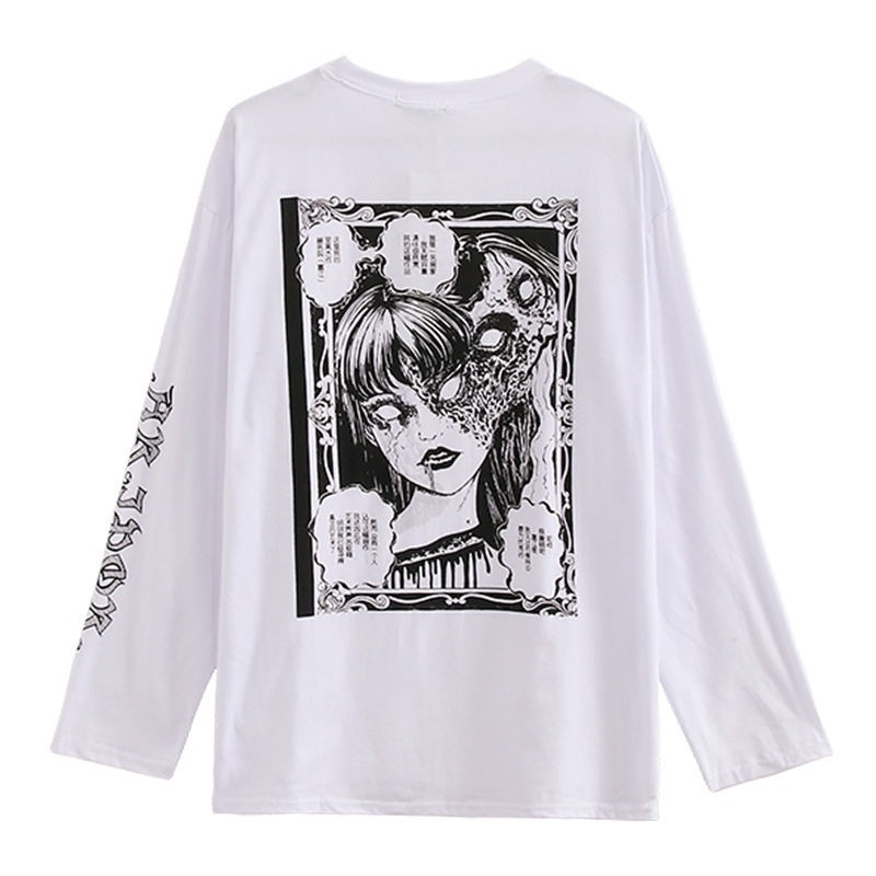 QWEEK Gothic White T-shirt Women's Harajuku Long Sleeve Mall Goth Top Vintage Grunge Alt Clothes Aesthetic Kpop Korean 220321