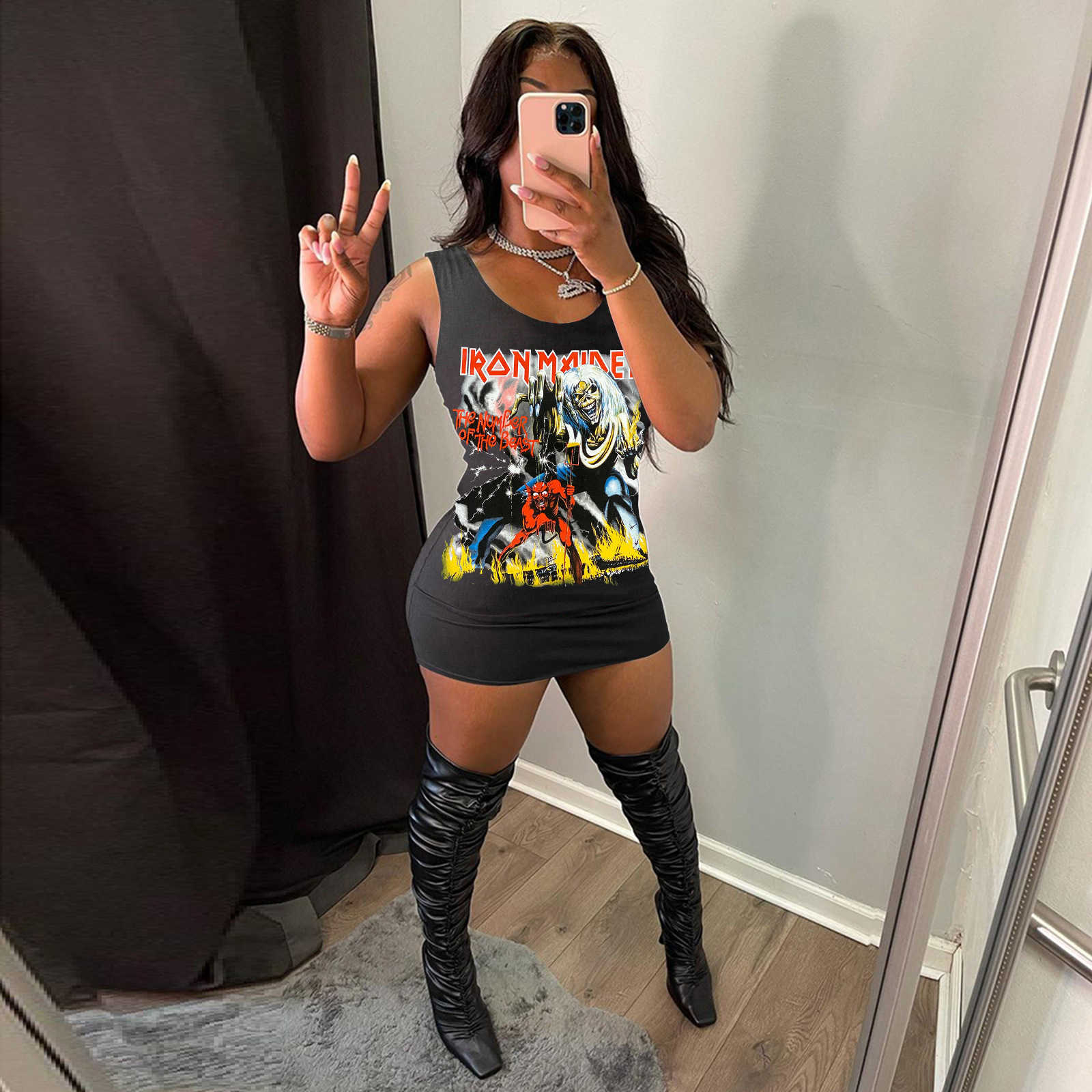 2022 summer women new fashion printing casual dresses for sexy vest black dress
