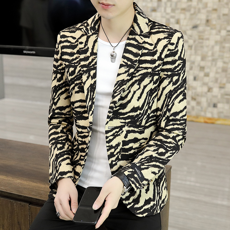 Men Personality Suit Jacket Hair Stylist Printed Small Suit Casual Jacket Korean Handsome Night Show Zebra Print Men's Blazer 220520