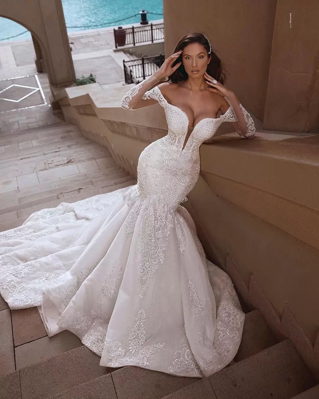 Gorgeous Plus Size Mermaid Lace Dresses Plunging Neck Long Sleeves Beaded Wedding Dress Bridal Gowns Vestido De Novia