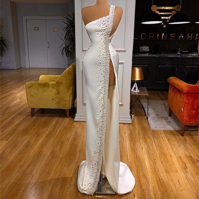 Elegant White Mermaid Prom Dress One Shoulder Hand Beaded High Split Evening Gown Party Women Robe De Soiree