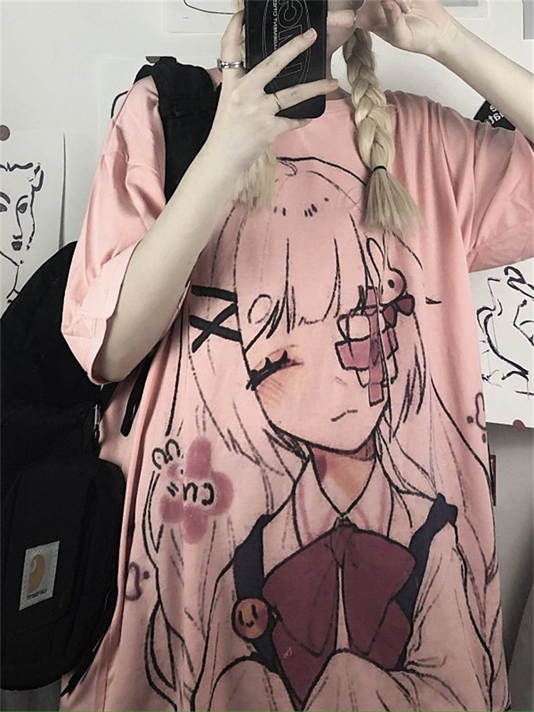anime girl image print women tops tshirts Korean style t-shirts summer sweet fashion t shirts preppy couple clothes o-neck tee 220321