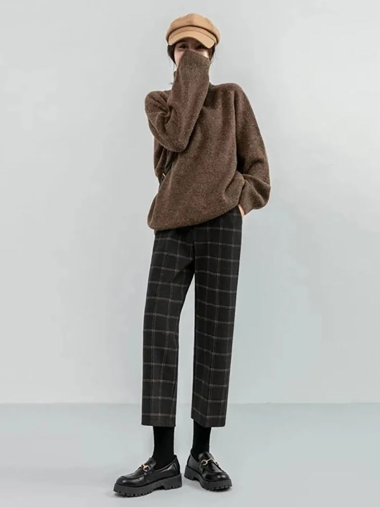 Luck A Autumn Winter Women Plaid Pencil Pants Woolen Straight Trousers Female High Waist Loose England Style Ankle-length 220325