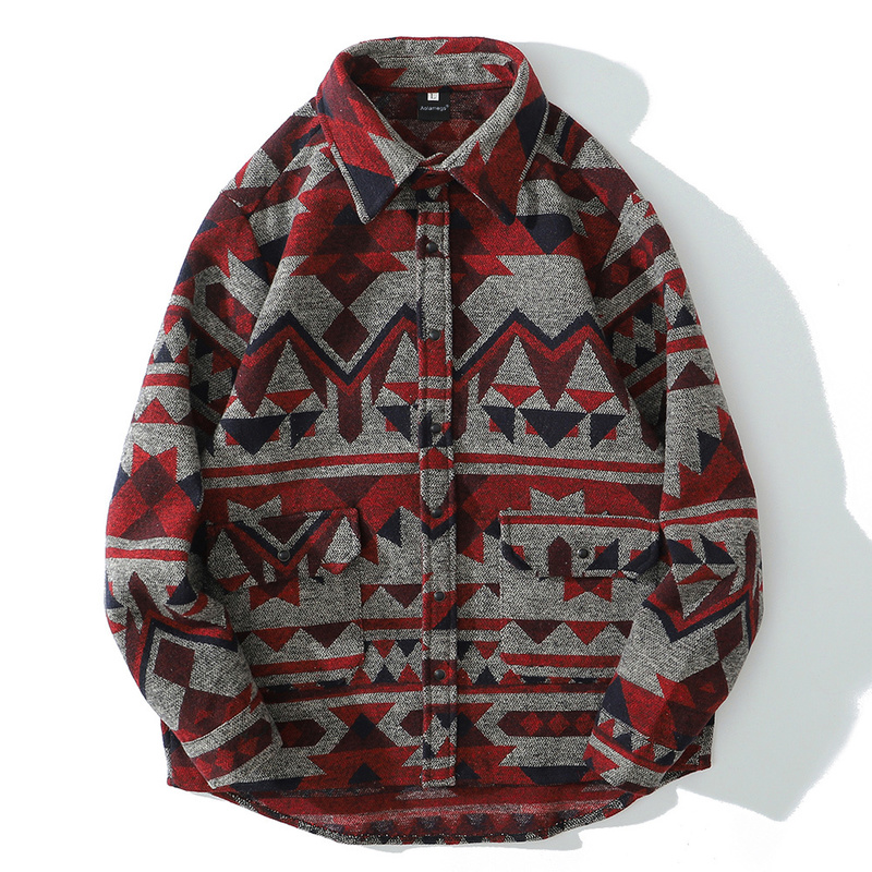 Aolamegs Patchwork Color Retro Geometric Pattern Men Shirt Thick Casual Baggy Big Pockets Harajuku High Street Autumn Streetwear 220322