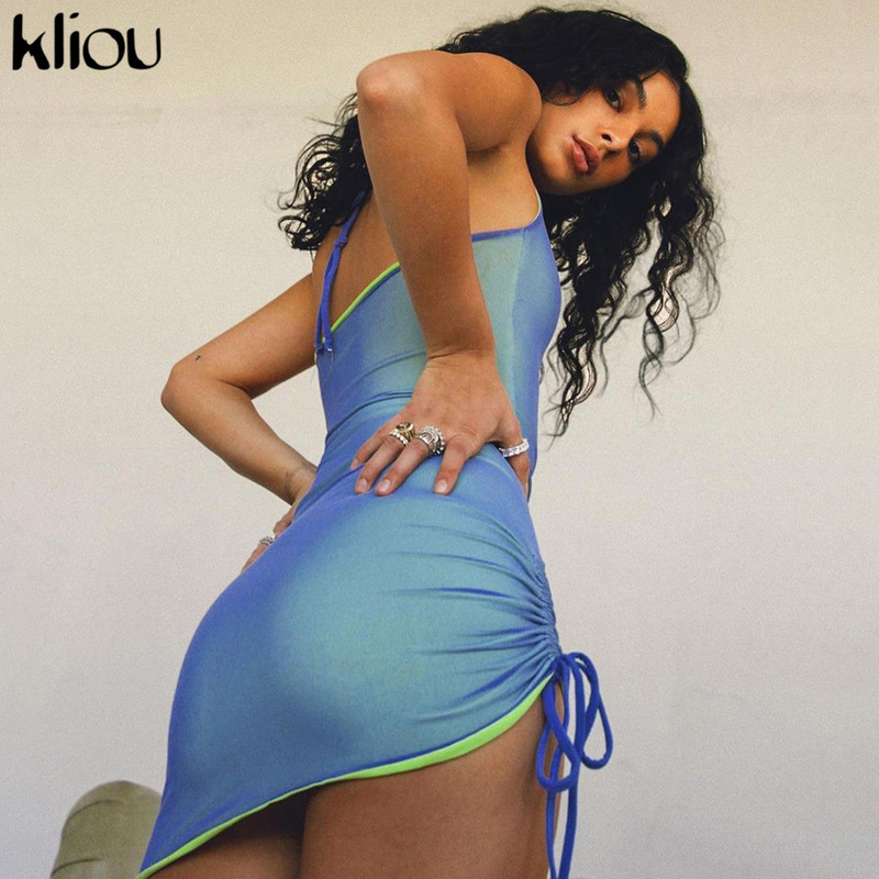 Kliou HipsterDouble Layer Drawstring Mini Dress Women Bodycon Halter Sleeveless Ruched Streetwear Sexy Club Basic Clothes 220509