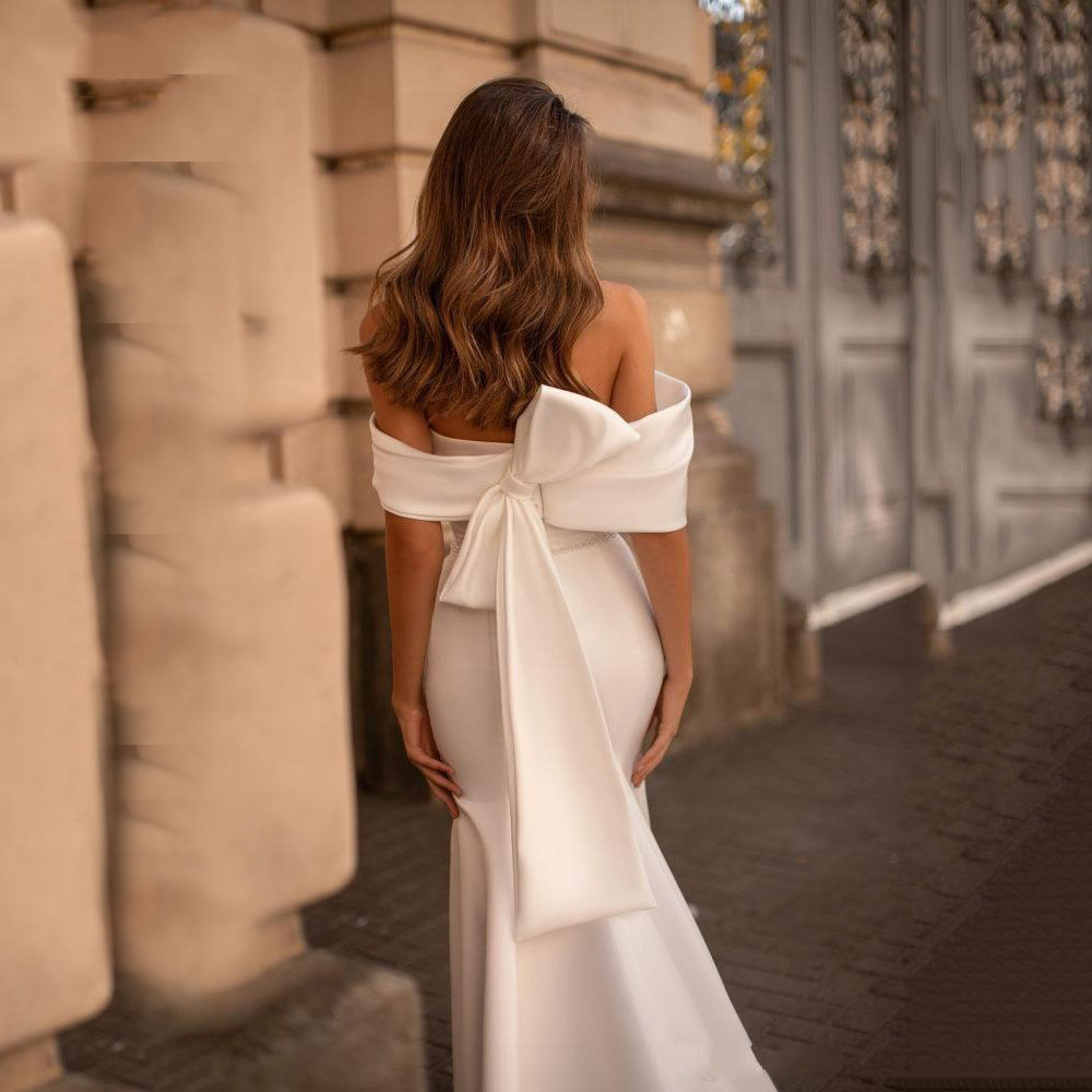 Simple White Satin Mermaid Wedding Dress Modern Off The Shoulder Bow Back Long Trumpet Bridal Gowns Gorgeous Elegant Bride Dresses Custom Made Robe De
