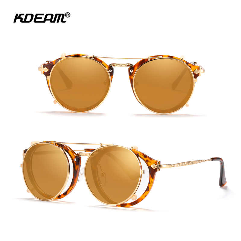 KDEAM Retro Steampunk Round Clip On Sunglasses Men Women Double Layer Removable Lens Baroque Carved Legs Glasses UV400 With Box 220526