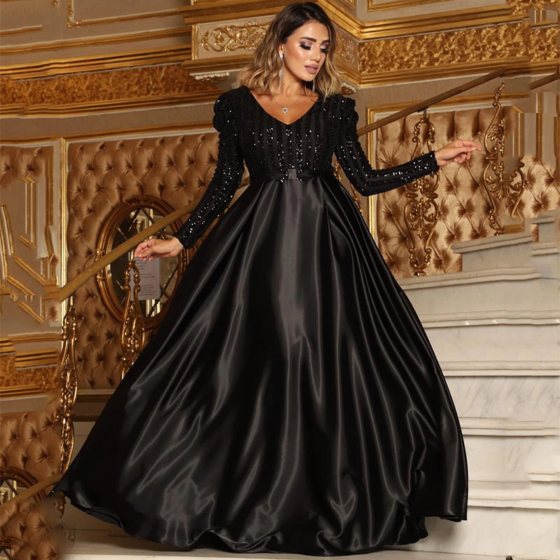 New Fashion Women Dress Lady Sexy Deep V-neck Sequin Long Sleeve Floor Length Bling Big Hem Party Evening Maxi Dress