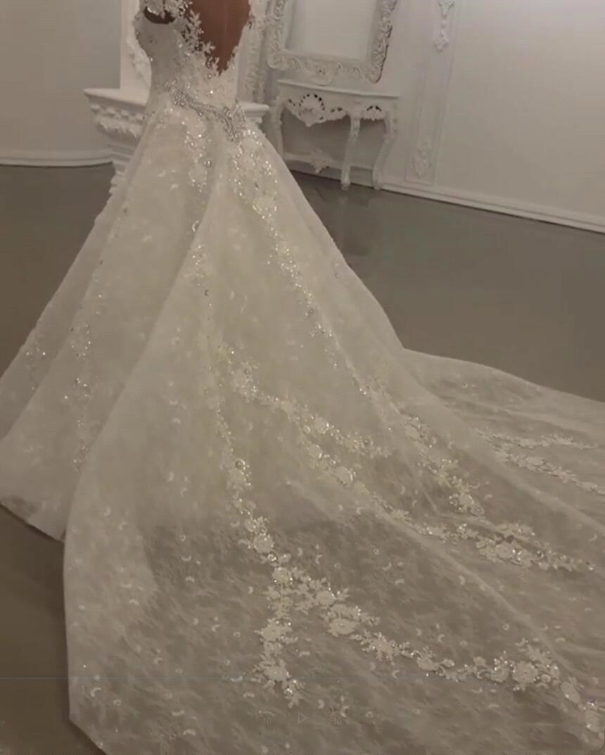 Luxurious Robe de Mariage Modern Lace Mermaid Wedding Dresses with detachable train Shining Crystals Beads Appliques Sheer Neck Bridal Gowns