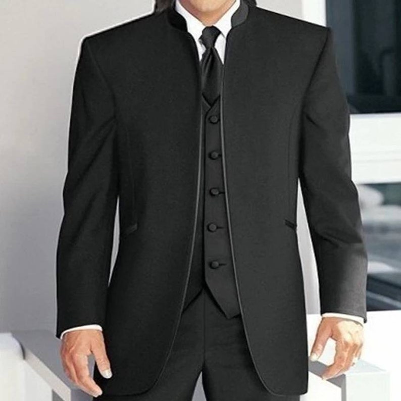 Middle East Stand Collar Men Suits Groom Wedding Tuxedos Black Men's Suit with 3 Piece Trim Fit Formal Wear Prom Party Gowns Men Blazer