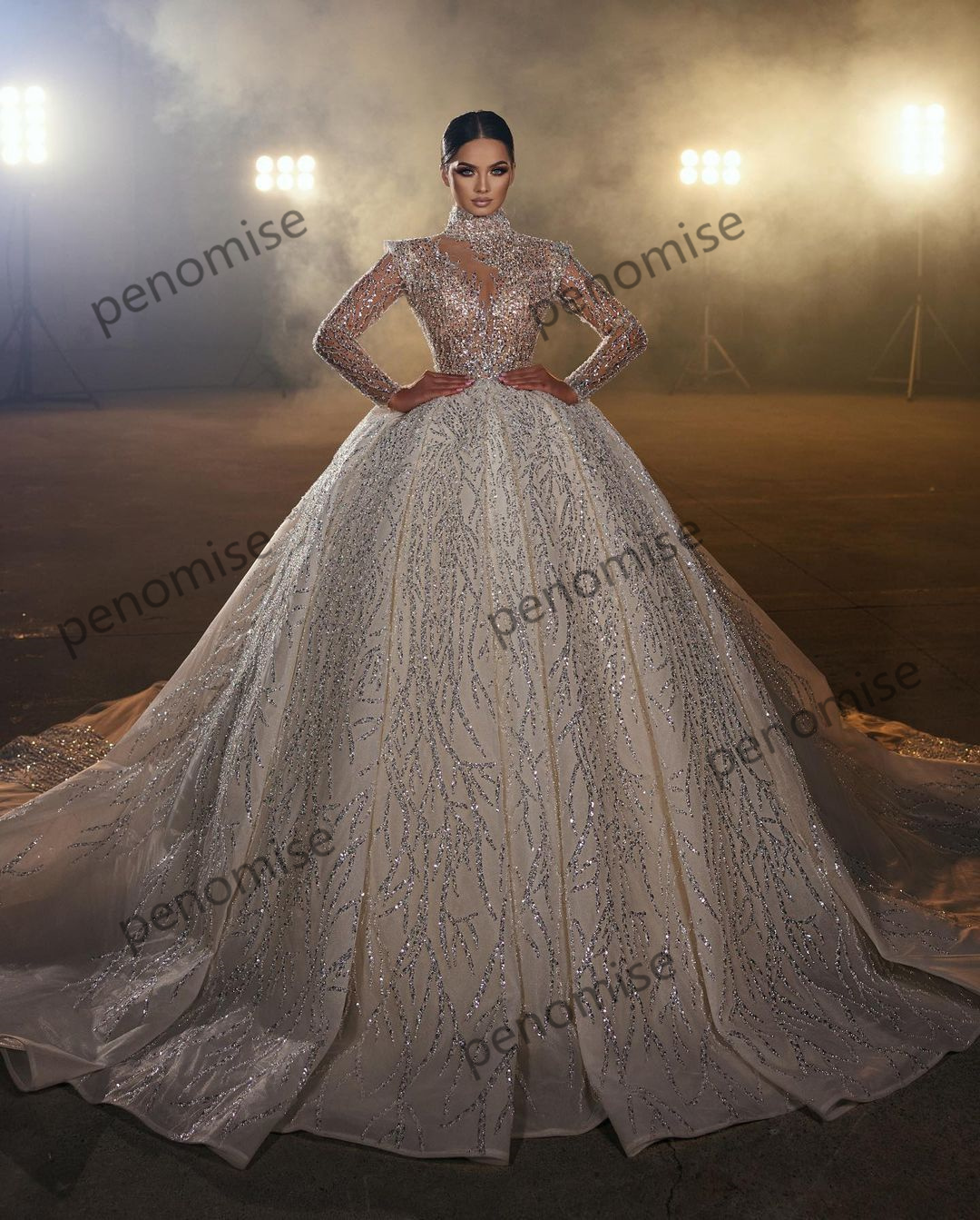 Sparkle Vintage Wedding Dresses Long Sleeved Sequin Bridal Gowns Lace Shining Customise Princess Vestido De Novia 0914