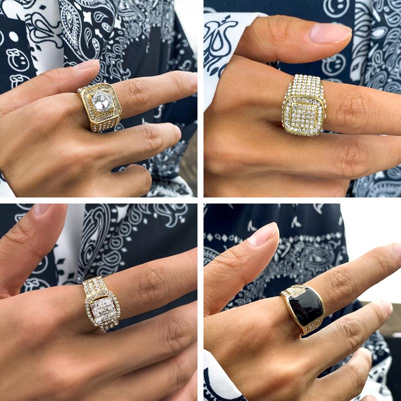 

Cluster Rings IngeSight.Z Men Hip Hop Full Iced Out Crystal Rhinestones Punk Street Gold Color Geometric Knuckle Finger JewelryCluster
