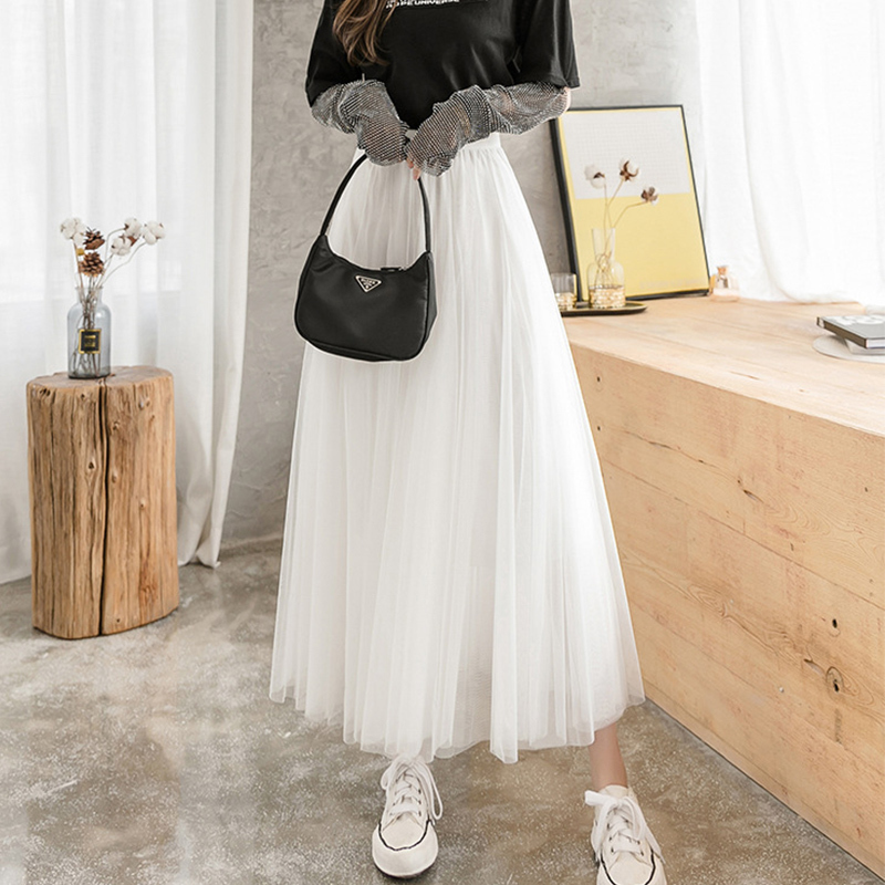 TIGENA Tulle Pleated Long Skirt Women Spring Summer Korean Fashion A Line High Waist Mesh Tutu Maxi Female Mid-length 220317