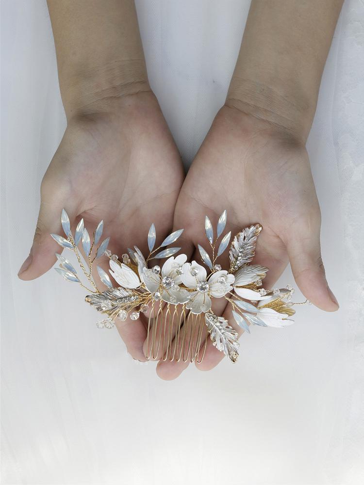 Opal Crystal Hair Comb Pin Vintage Gold Hairpin Flower Leaf Headpiece Headdress Bride Wedding Jewelry Bridal Accessories m200 0615