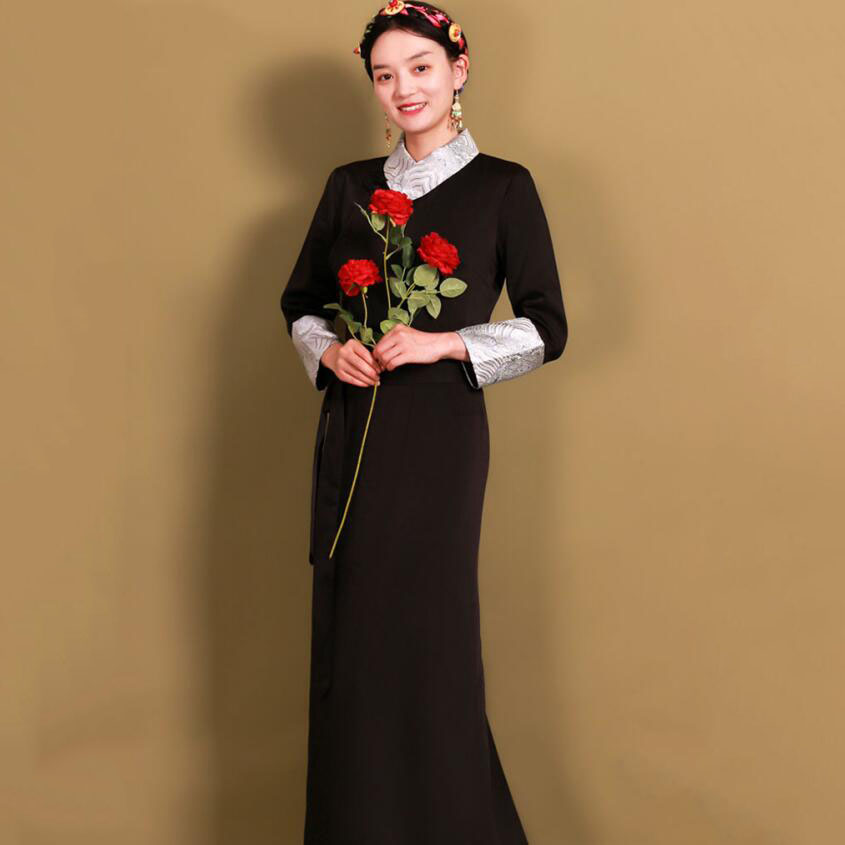 Modern Women ethnic clothing national style cheongsam long Sleeve Qipao Traditional oriental gown Asia elegant dress tibetan costume