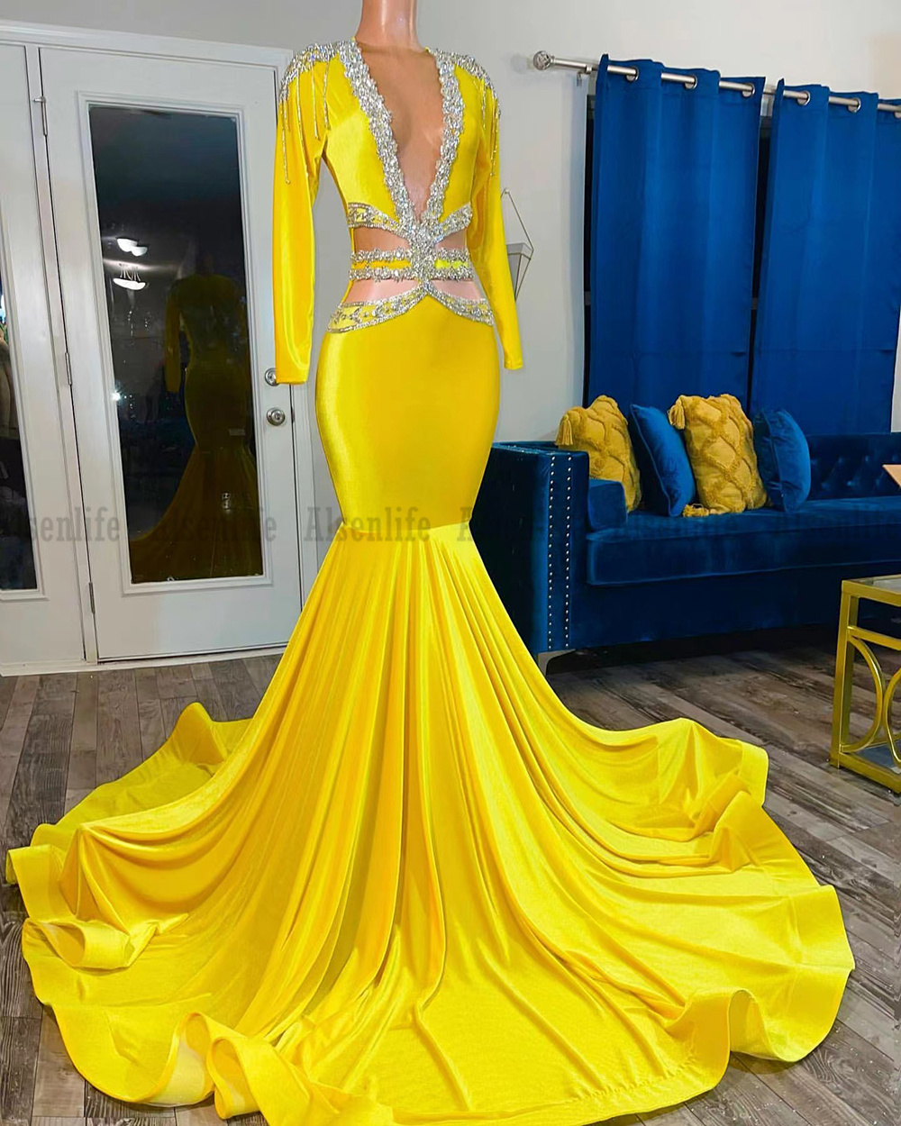 Yellow Velvet Beaded Mermaid Prom Dresses Sexy Backless African Black Girls Evening Gowns Robes De Soiree