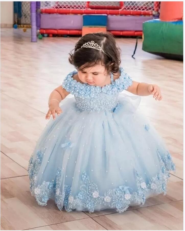 2022 Light Sky Blue Lace Flower Girl Dresses For Wedding 3D Appliqued Pearls Ball Gown Toddler Pageant Gowns Tulle Floor Length Kids Birthday Dress Of