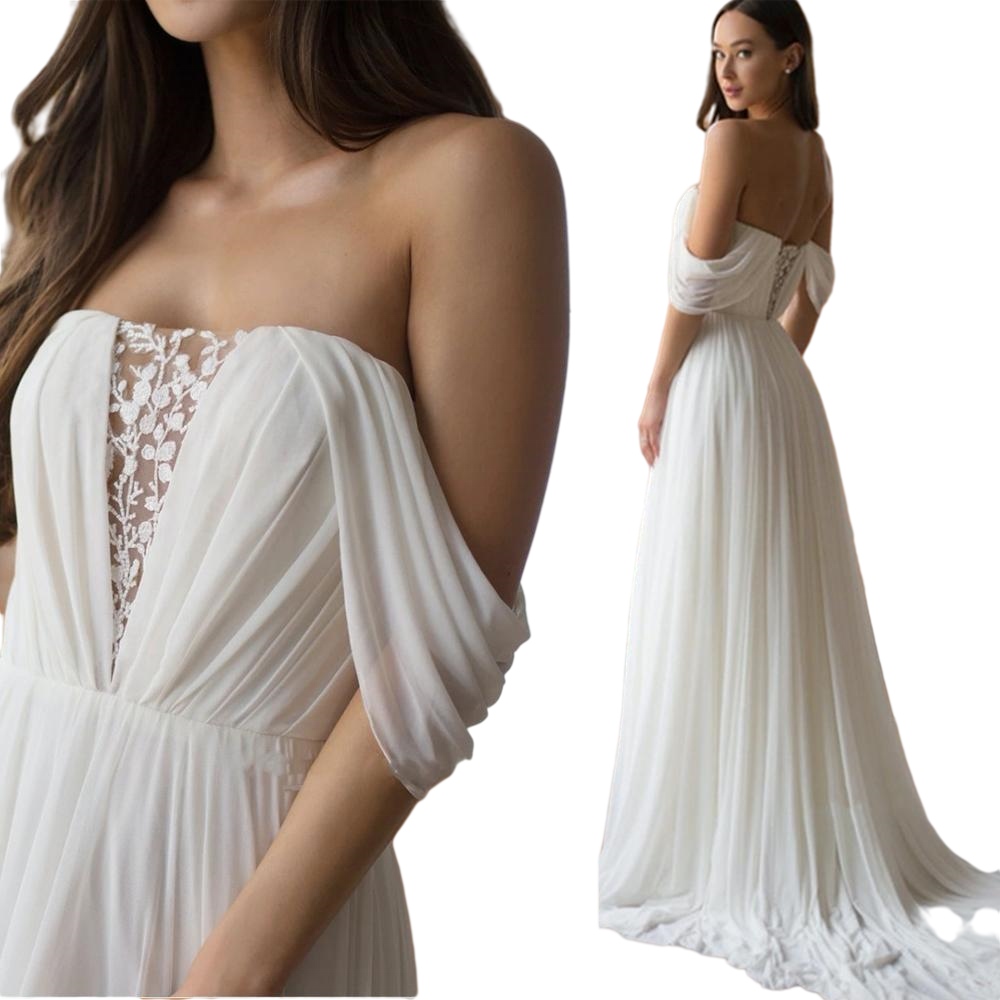 Off Shoulder Beach Wedding Dresses Lace Chiffon 2022 Fairy Greek Grace Bohemian Summer Holiday Bridal Gowns