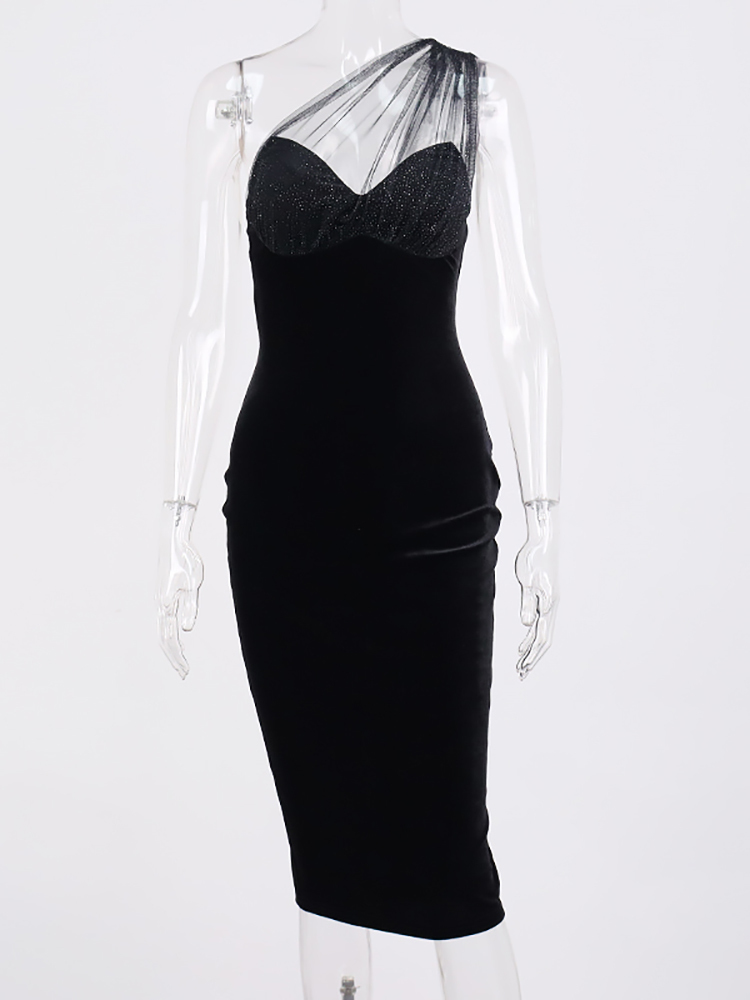 Asia Single Shoulder Midi Dress Polka Dot Cut out Mesh Velour Sexy Split Black Dress Woman Elegant Fashion Bodycon Party Wear 220511