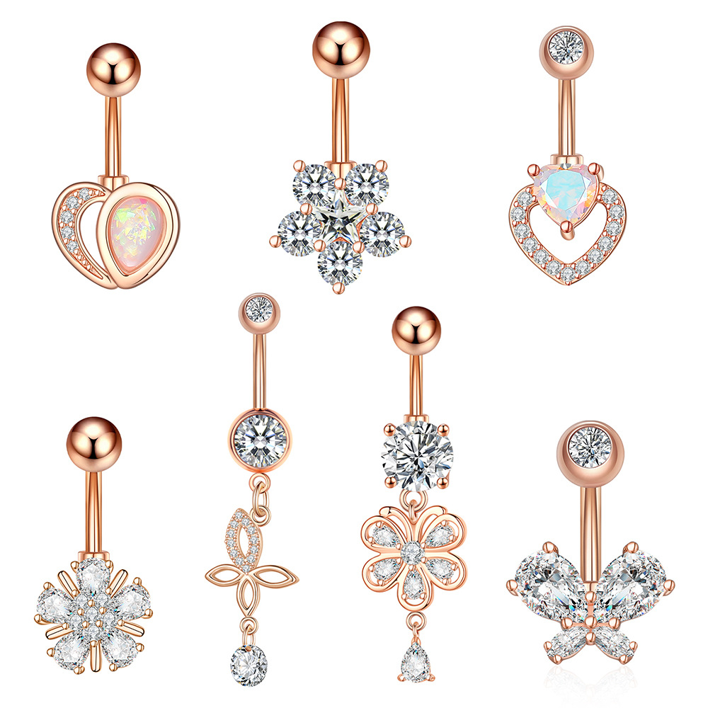 New Surgical Titanium Stainless Steel Belly Button Ring Diamond Flower Dangle Navel Barbell Stud for Women Rose Gold Cubic Zirconia Piercing Bar Bell 