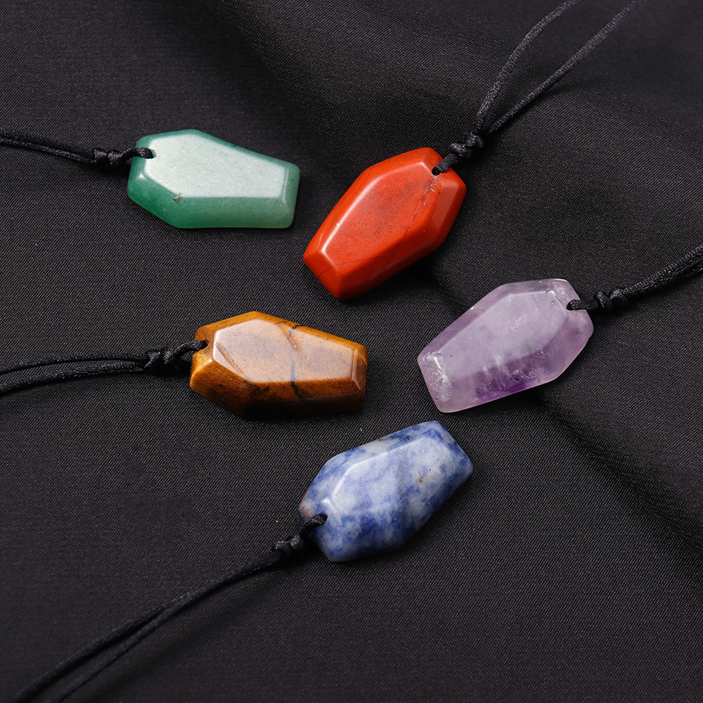 Natural Stone Geometric coffin Shape Pendant Quartz Agates Healing Crystal Tiger Eye Amethyst Charms Chakra Necklace Jewelry