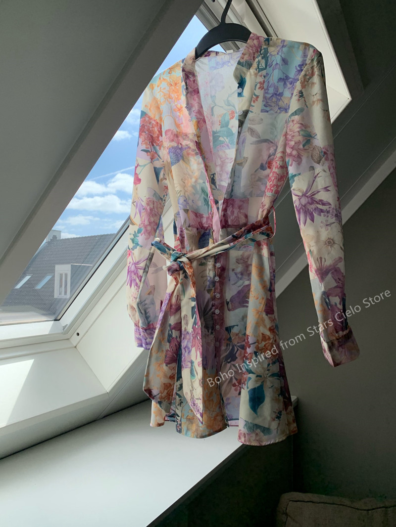 BOHO INSPIRED MULTICOLORED FLORAL PRINT summer DRESS women buttons down belted long sleeve woman dress elegant ladies dress 220808