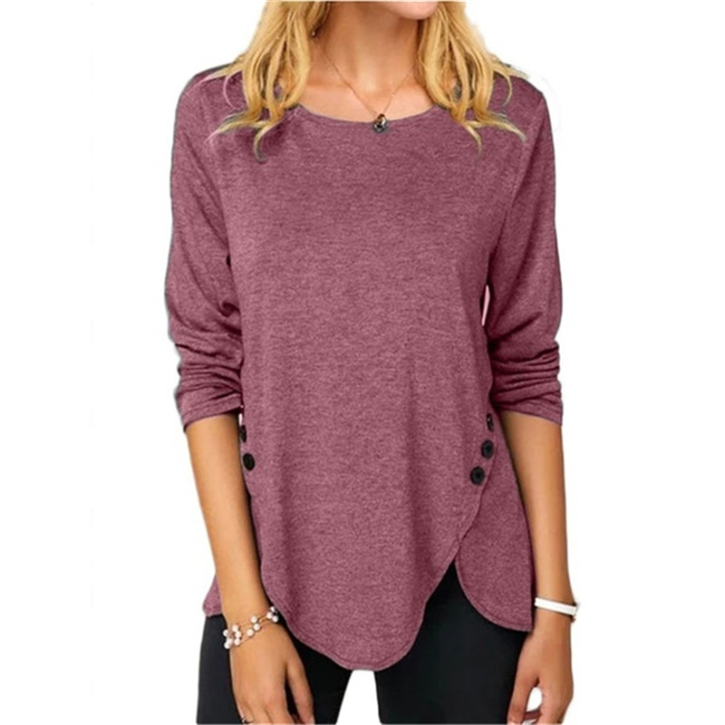 Button O Neck Solid Color Tunic T-Shirt Women Clothing Long Sleeved Loose Casaul Irregular Pullovers Tops Tee Shirt Femme 220328