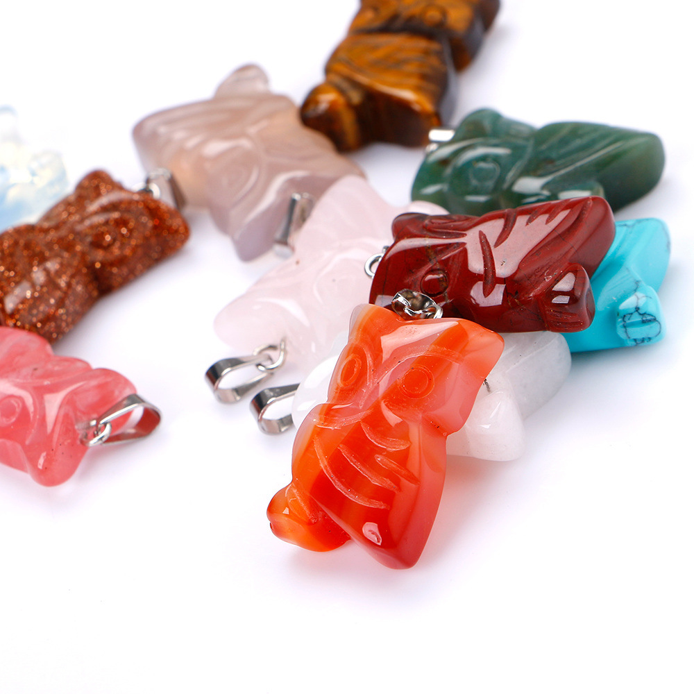 Natural Stone Carved Owl pendant necklace Opal Tiger's Eye Pink Quartz Crystal Chakra Reiki Healing Necklaces for women jewelry