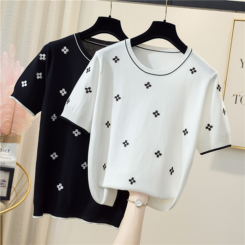 cotton T-shirt women 2022 summer new O-neck pullover Flower knitwear size 4XL casual sweater short-sleeved sueters de mujer, Black
cotton T-shirt women 2022 summer new O-neck pullover Flower knitwear size 4XL casual sweater short-sleeved sueters de mujer, Black