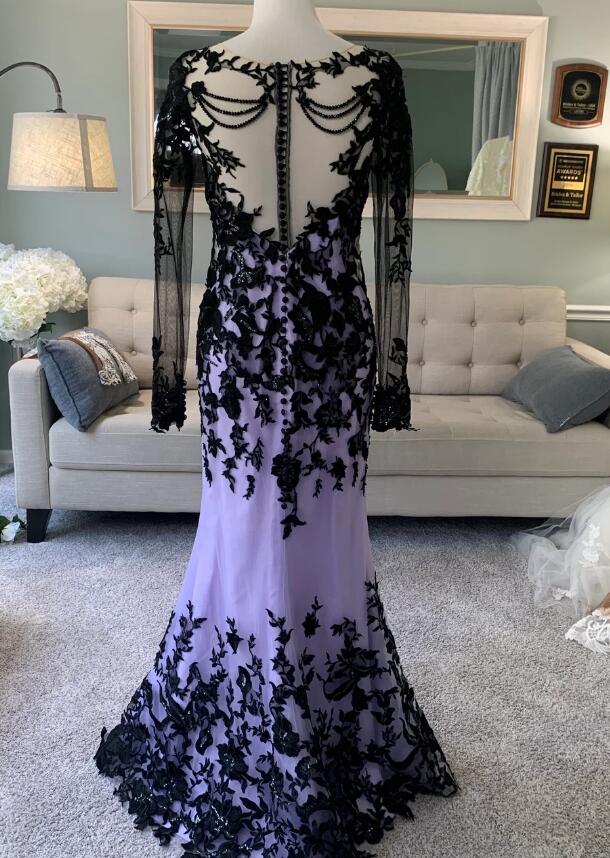 Gothic Lilac Mermaid Wedding Dress With Detachable Train Black Lace Long Sleeve Backless Boho Country Wedding Gown Women Bride Robe De Mariee vestidos