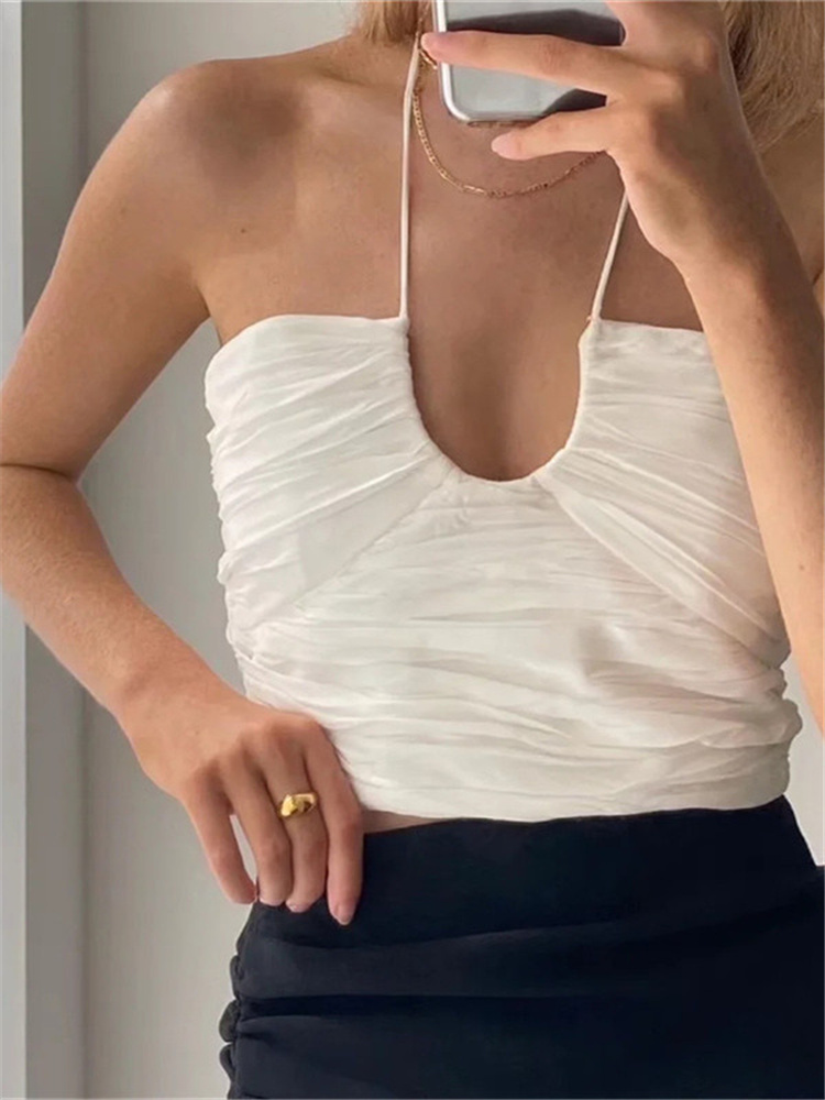 Woman Sexy Slim Halter Cropped Camisole Summer Sweet Female Solid Hollow Out Camisoles Girls Y2K Backless Short Tops 220316