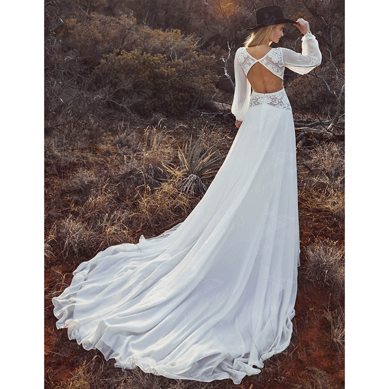 Vestidos Boho Bohemian Wedding Dresses Deep Long Puff Sleeve Lace Appliques Chiffon Open Back beach summer holiday Bridal Gowns