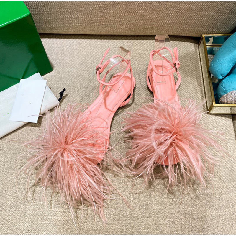 Summer Women's Sandals Feamle Feather Thin High Heels Shoes Ladies Round Toe Ankle Buckle Straps Fashion Concise Footwear 220418