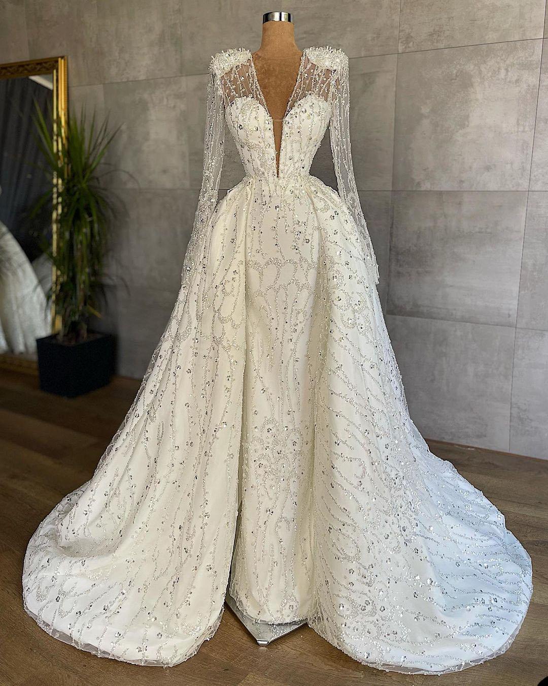 Vintage White Sequined Vestidos De Novia Mermaid Dress V Neck Lace Overskirt Train Illusion Mariee Marriage Wedding Gown 0219