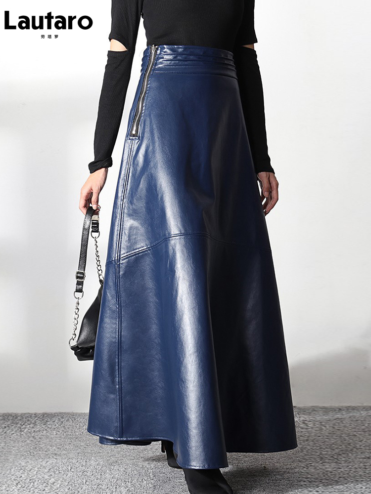 Lautaro Autumn Long Black A Line Soft Faux Leather Skirt Women High Waist Blue Stylish Maxi Skirts Korean Fashion Clothing 220322