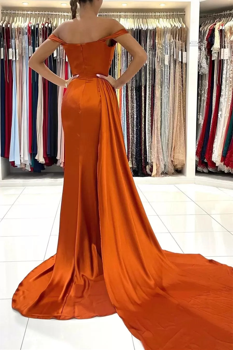 Off Shoulder Split Side High Sexy Orange Prom Dresses 2022 Cap Sleeve Plus Size Couple Maid of Honor Dress Evening Gowns BC11177