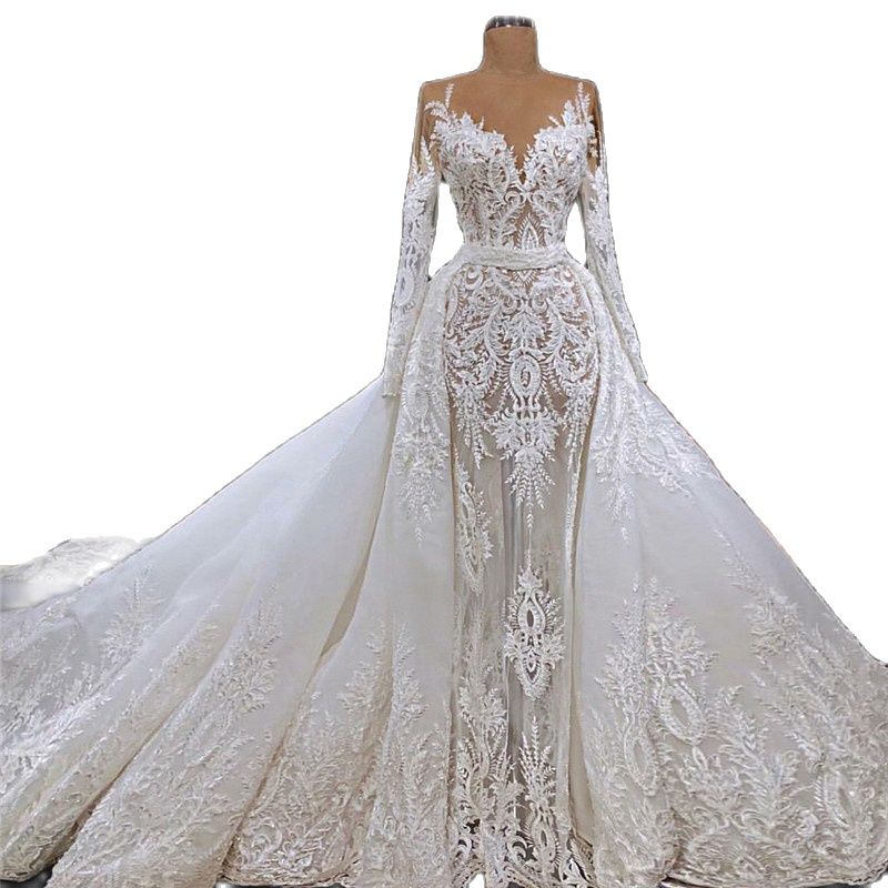 New Mermaid Wedding Dress Long Sleeves V Neck Appliques Sequins Lace Detachable Train Hollow Illusion Custom Made Ruffles Bridal or Length
