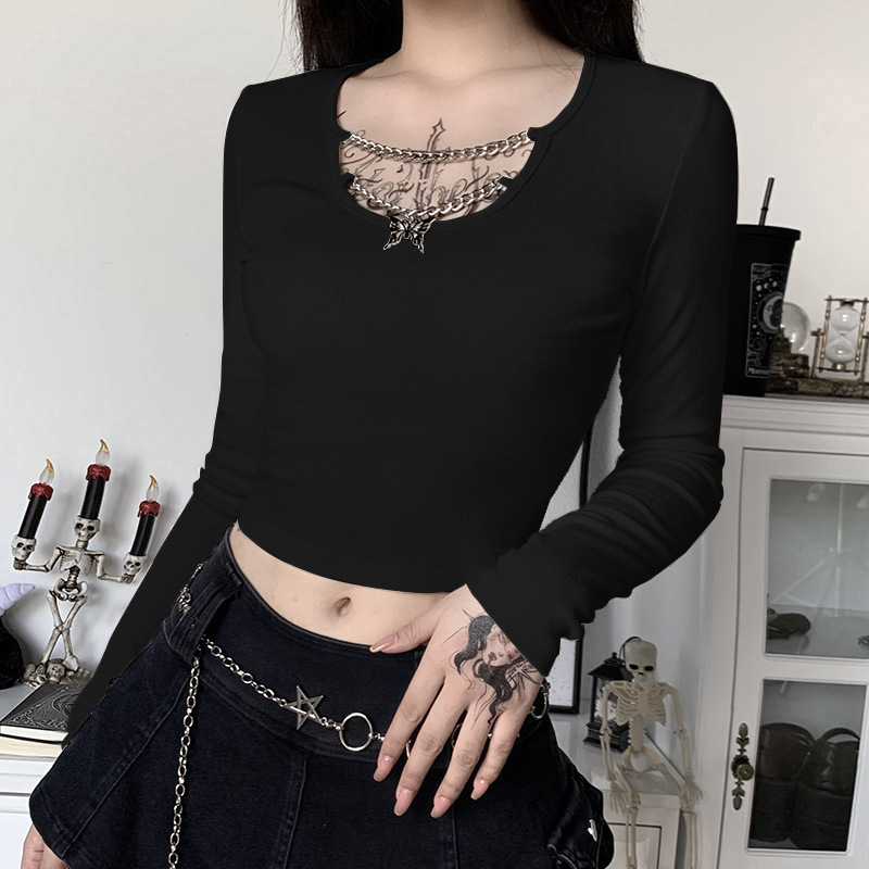 Goth Black Bodycon Crop Top Women's T-Shirts Aesthetic Sexy V-Neck Long Sleeve Corset Y2K Harajuku Vintage Korean Fashion Tops 220321