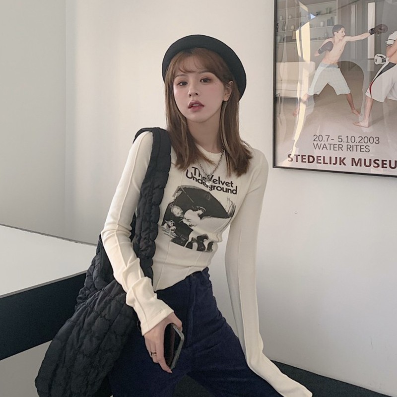 Karrram Casual Slim T-shirt For Women O Neck Long Sleeve Sexy Crop Top Grunge Letters Print Female Korean Fashion Clothing 220321
