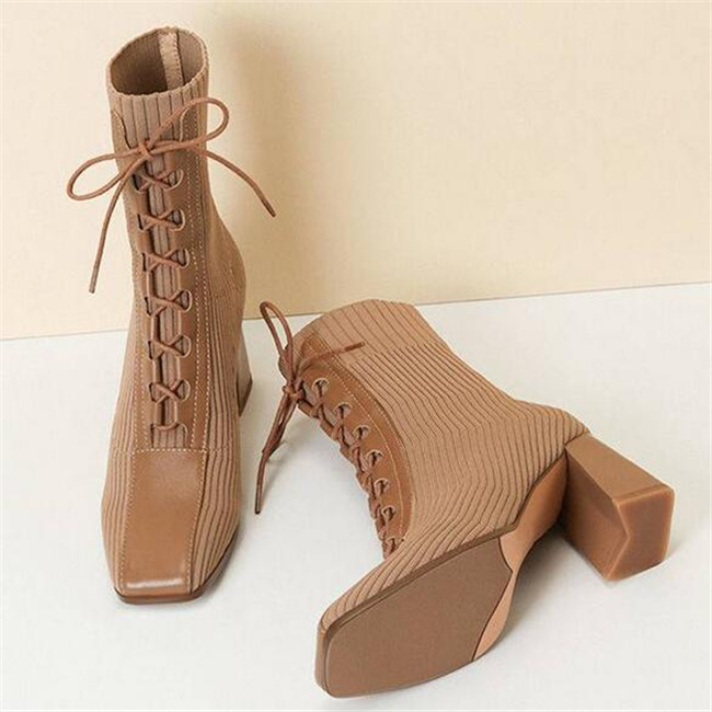 New Fashion Women Martin boots Stitching Knitted Elastic Stockings Boots High-heeled Short Boot Square Toe Women's Shoes