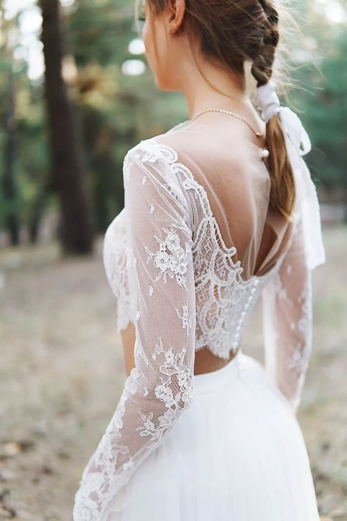 Beach Boho Wedding Dresses Bridal Gown Two Piece Long Sleeves Covered Buttons Tulle Lace Applique Pleat Ruched Country Vestidos De Novia