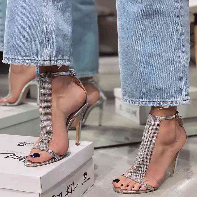 Sandals Women High Heels Party Wedding Quality Thin Heeled Sandals Silver Sequins Shoes 220419