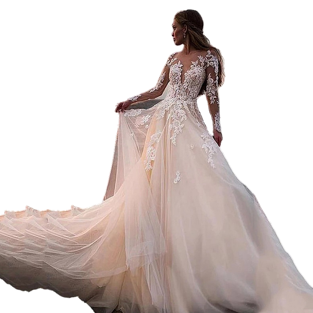 Boho Beach A Line Wedding Dress Illusion Long Sleeves Tulle Sexy Bridal Gowns Appliques Lace Sheer Scoop Neck Fairy Bride Dresses