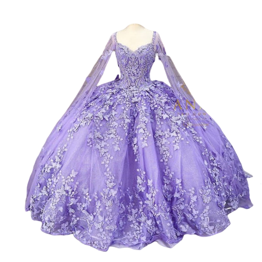 Romantic Butterfly lilac lavender Quinceanera Dresses with Cape Wrap Caftan Beaded Lace-up corset prom Sweet 16 Dress Vestidos