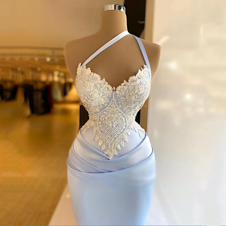 One Shoulder Sexy Evening Dress Mermaid Evening Dress Lace Appliques Tulle Satin Custom Made Straight Prom Dresses Plus Size Gowns