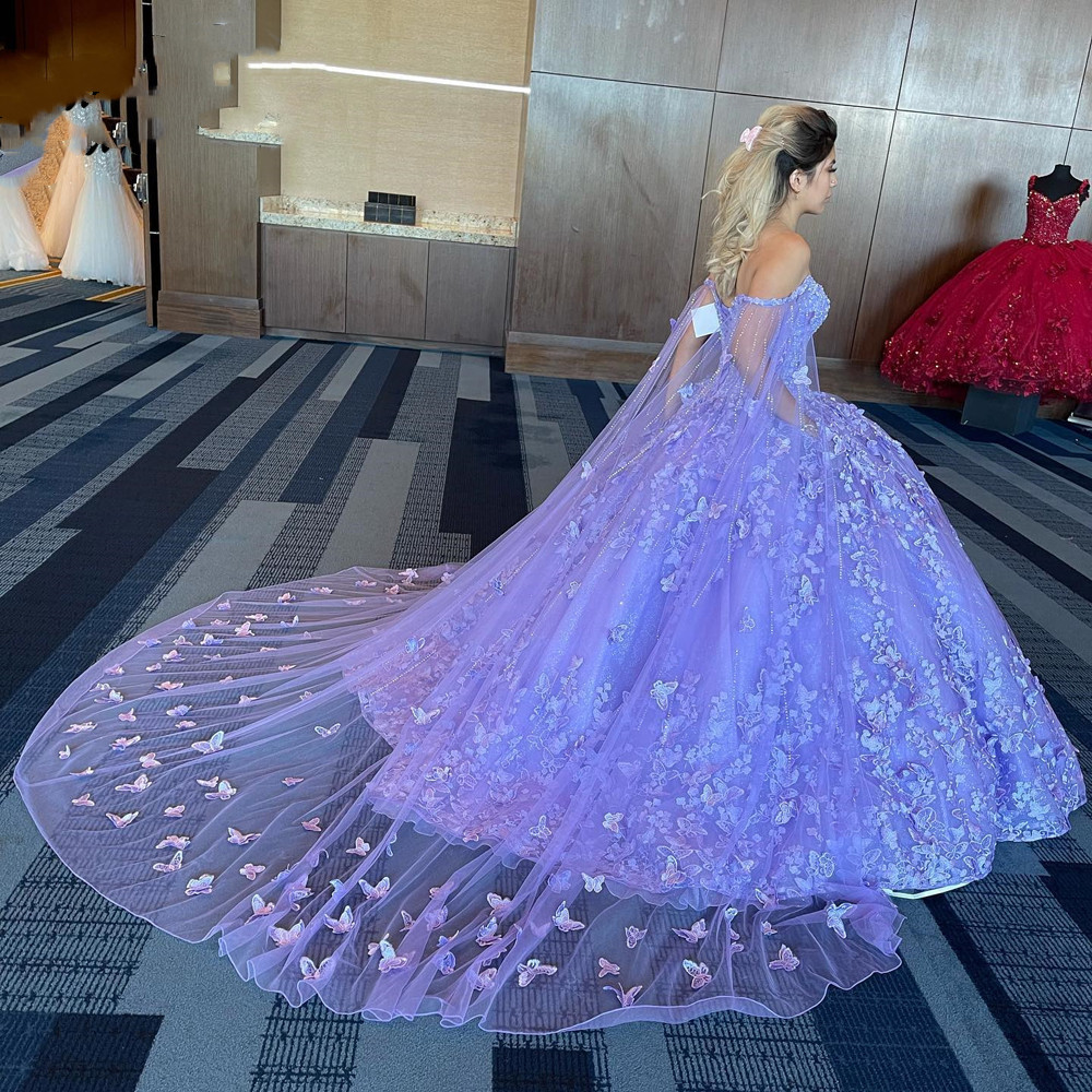 Lavender Lilac Applique Butterfly Quinceanera Dresses With sleeve Cape Off Shoulder lace-up Corset prom Sweet 15 Girls dress
