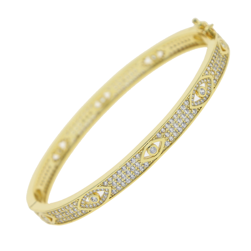 Gold Plated Turkish Evil Eye Bangle Bracelet for Women and Men, Micro Paved Clear Full Cubic Zirconia Jewelry