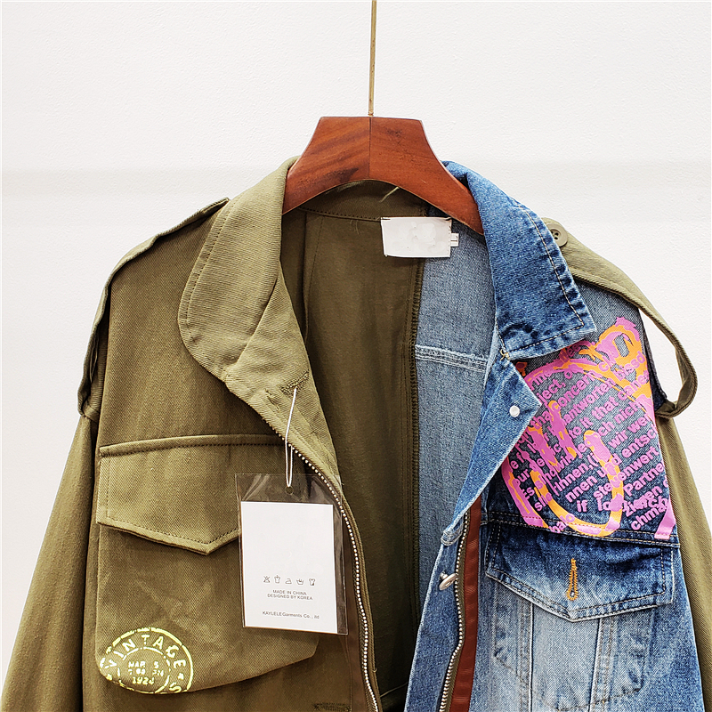 Women's Jackets Spring Funny Pattern Print Long Denim Jacket Women Vintage Color Hit Punk Style Jean Jacket Cargo casaco feminino LT690S30 201029