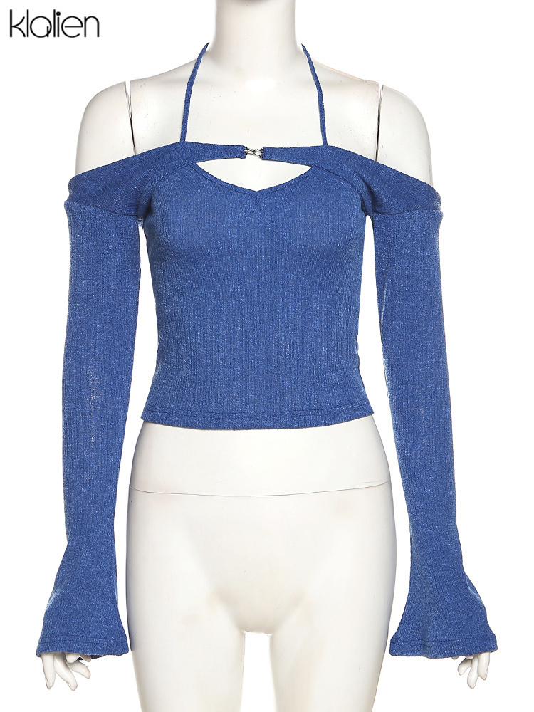 KLALIEN Fashion Elegant Women T-Shirts Solid Knit Slim Stretch Halter Flare Sleeve Two Piece Top Female Streetwear Sweet Cute 220328