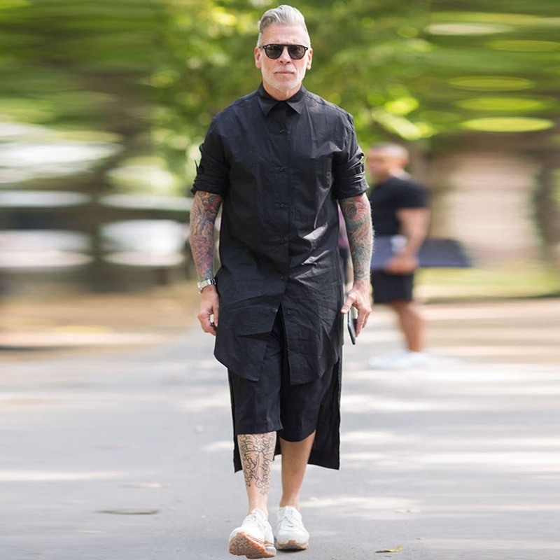 front short back long long-sleeved shirt large size personality robe jacket male lazy wind 220322